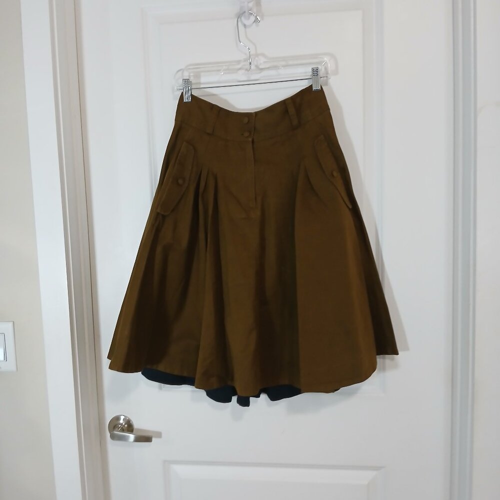 French Connection Midi Skirt Women's Size 10 Green Linen Side Pockets Pleated